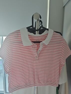 Striped Pink Polo Crop Top with White Collar